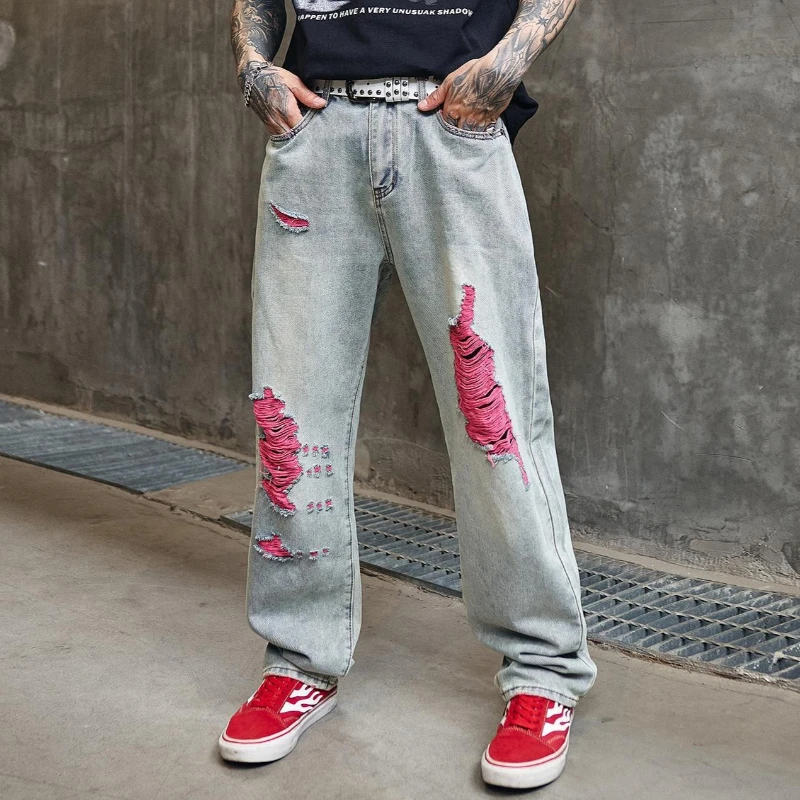 

Denim Pant Men Jeans Thin Vintage Straight Pants Mid Waist Distressed Hole Zipper Trousers Full Length Splice Casual Spring 2026