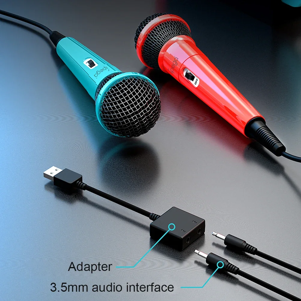 PG-SW089 2PCS Blue + Red DC 5V Singing Gaming Wired Microphones with USB Adapter for Switch PS5 PS4 XBox PC 53*178mm