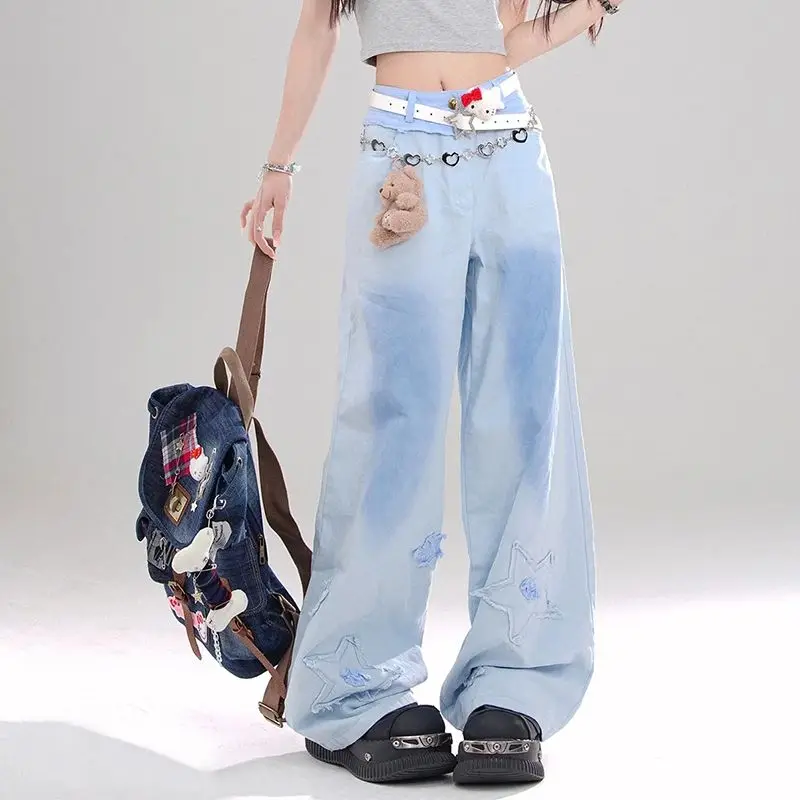 

Japan Niche Star Raw Edge Straight Jeans Women'S Large Size Irregular Loose Slimming Wide Leg Pants