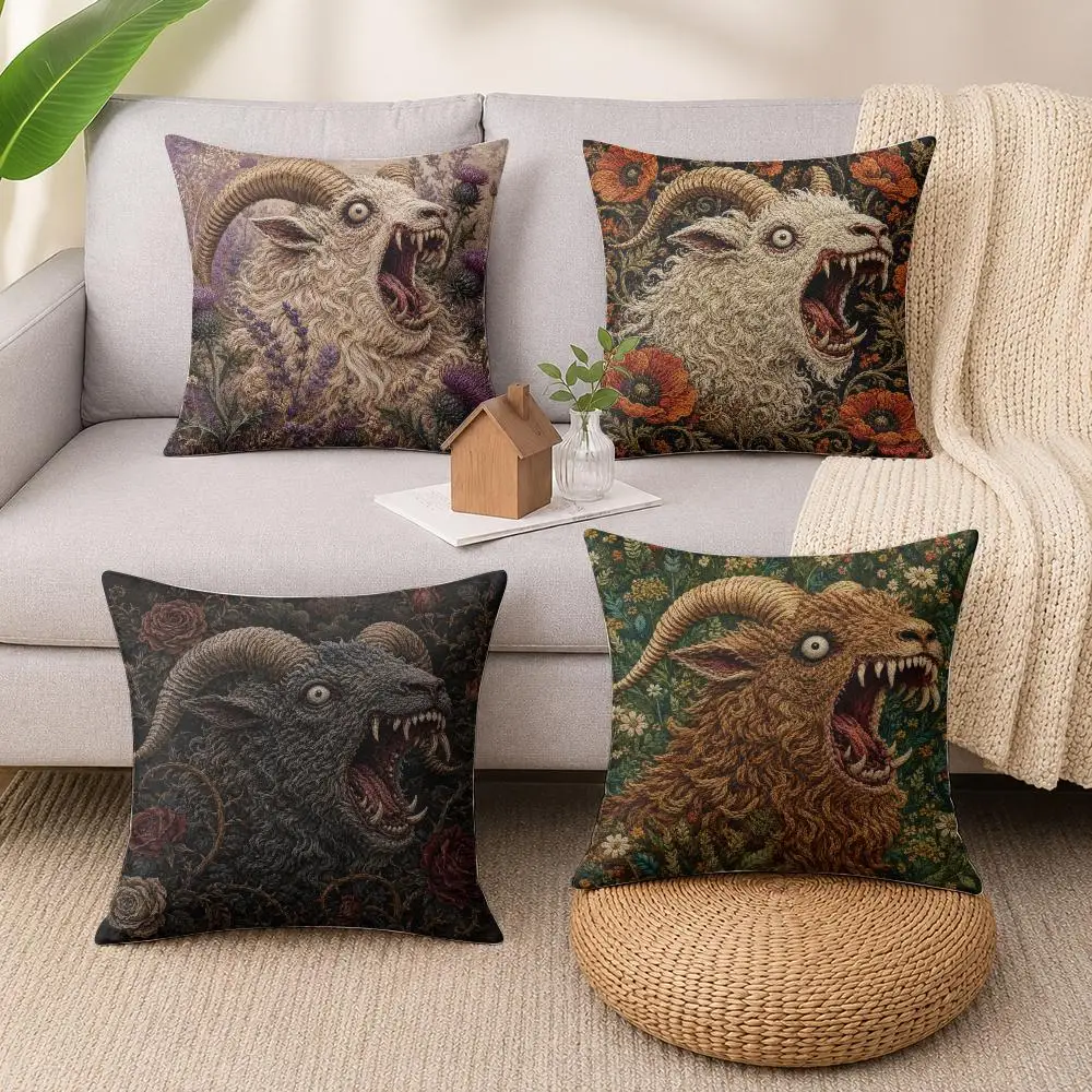 Horror Goat Faces Cushion Cover Soft Short Plush Pillow Cases Hidden Zipper Cutecore Sofa Bedroom Home Decor Gift