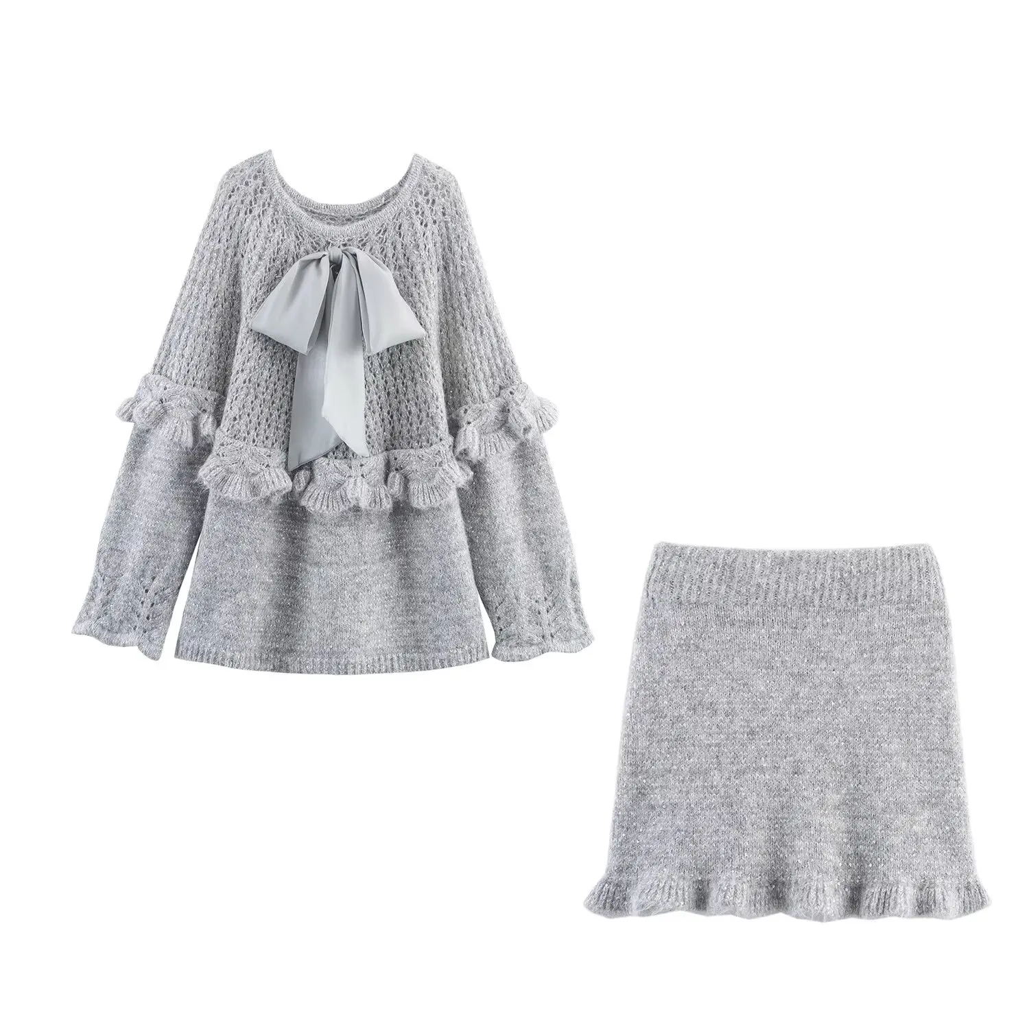 JNLEAOG Faionable tricoté jupe ensemble avec Saes pour les femmes automne nouveauté chaud longue Sve deux pièces costume européen Sle