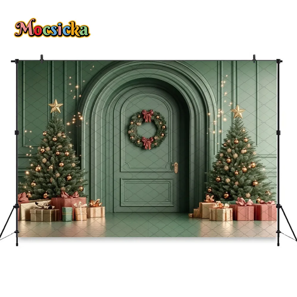 Mocsicka elegante verde puerta de Navidad fondo fotografía brillo árbol de Navidad regalo telón de fondo invierno retrato familiar estudio fotográfico