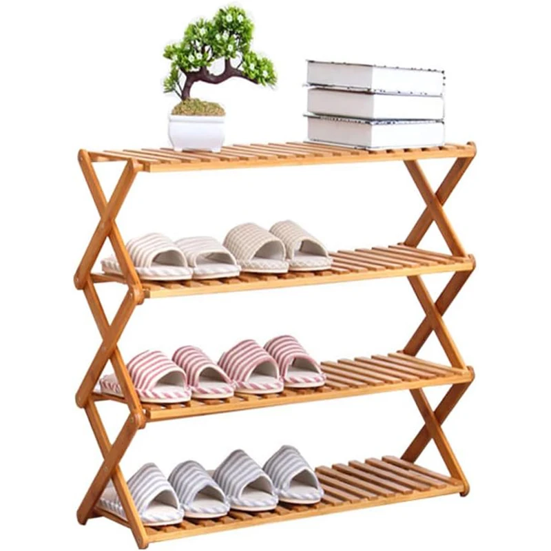 Bathroom Living Room And Corridor Bamboo Foldable Shoe Rack - Stackable Storage Shoe Rack For Hallway