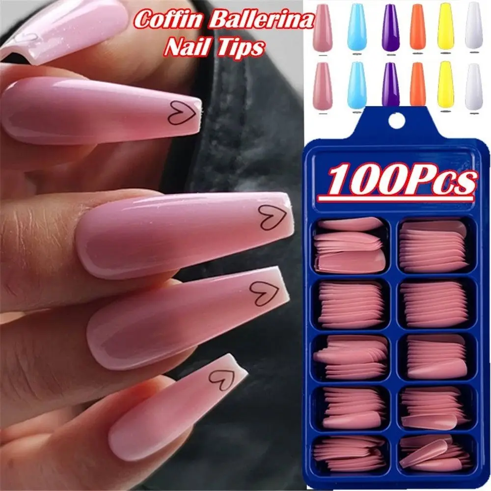 100Pcs Candy Color False Nail Tips Full Cover Acrylic Long Ballerina False Nails Tip DIY Beauty Manicure Extension Tools