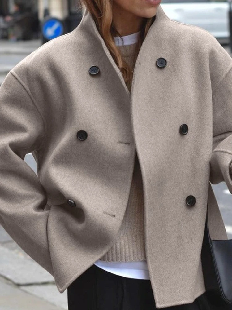 

American New Autumn Winter Suit Women's Clothing Winter Coat Brown French Style V-neck Double-breasted Woolen Jacket European