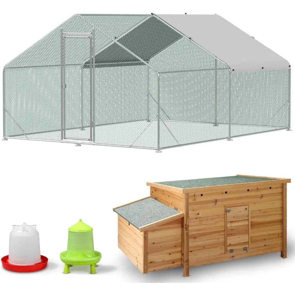 

10x13FT Metal Chicken Coop with Hen House & Feed Bucket, Walk-in Poultry Cage Chicken Runs with Roof Cover for Yard,Chicken Pens