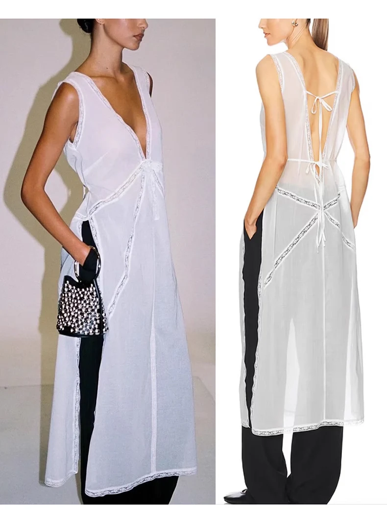 

White Micro-Transparent V-Neck Dress with Belt And Slit Long Skirt Layered Outerwear Design High Waist A-Line Cotton Summer D...