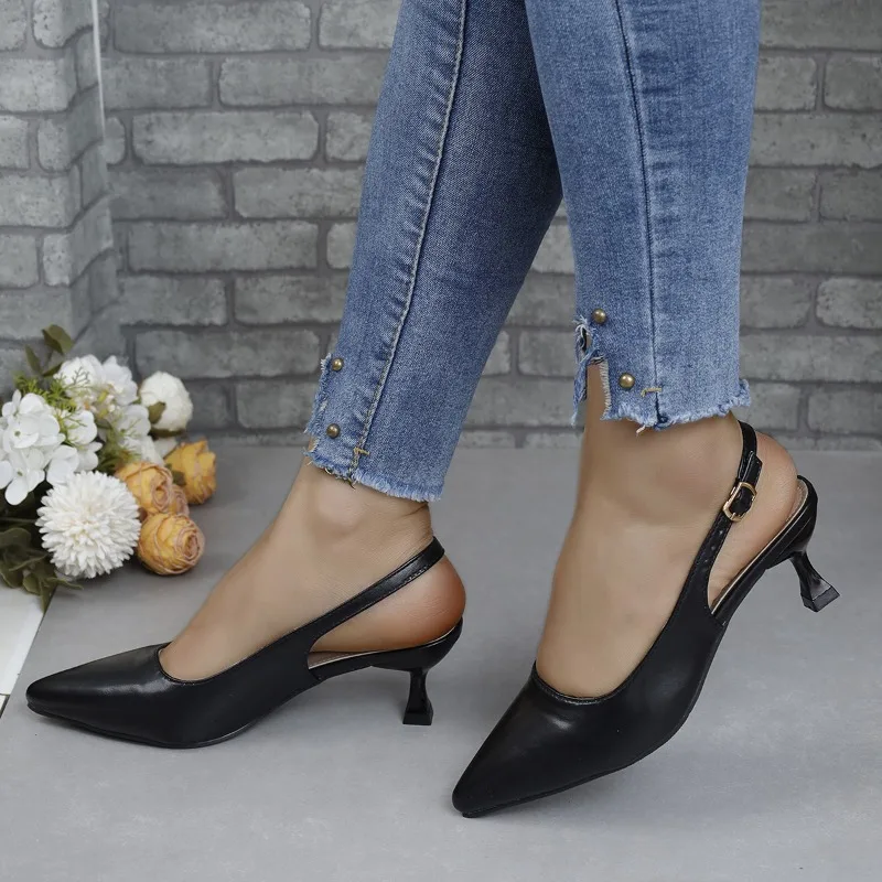 Women's Shoes 2024 Fashion One-word Buckle Women' Pumps Autumn Pointed Toe Solid Mid Heel Shallow Mouth Dress Elegant High Heels