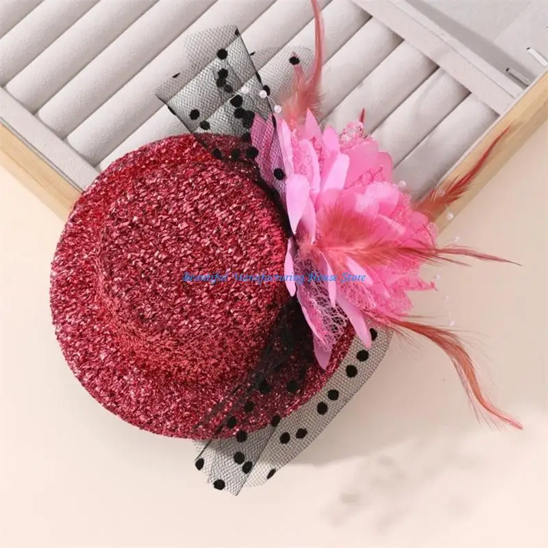 E56A Feathered Flower Fascinator Hat Hair Clip for Teaparty 20S Cosplay Party Costume Top Hat Side Clip for Formal Occasion