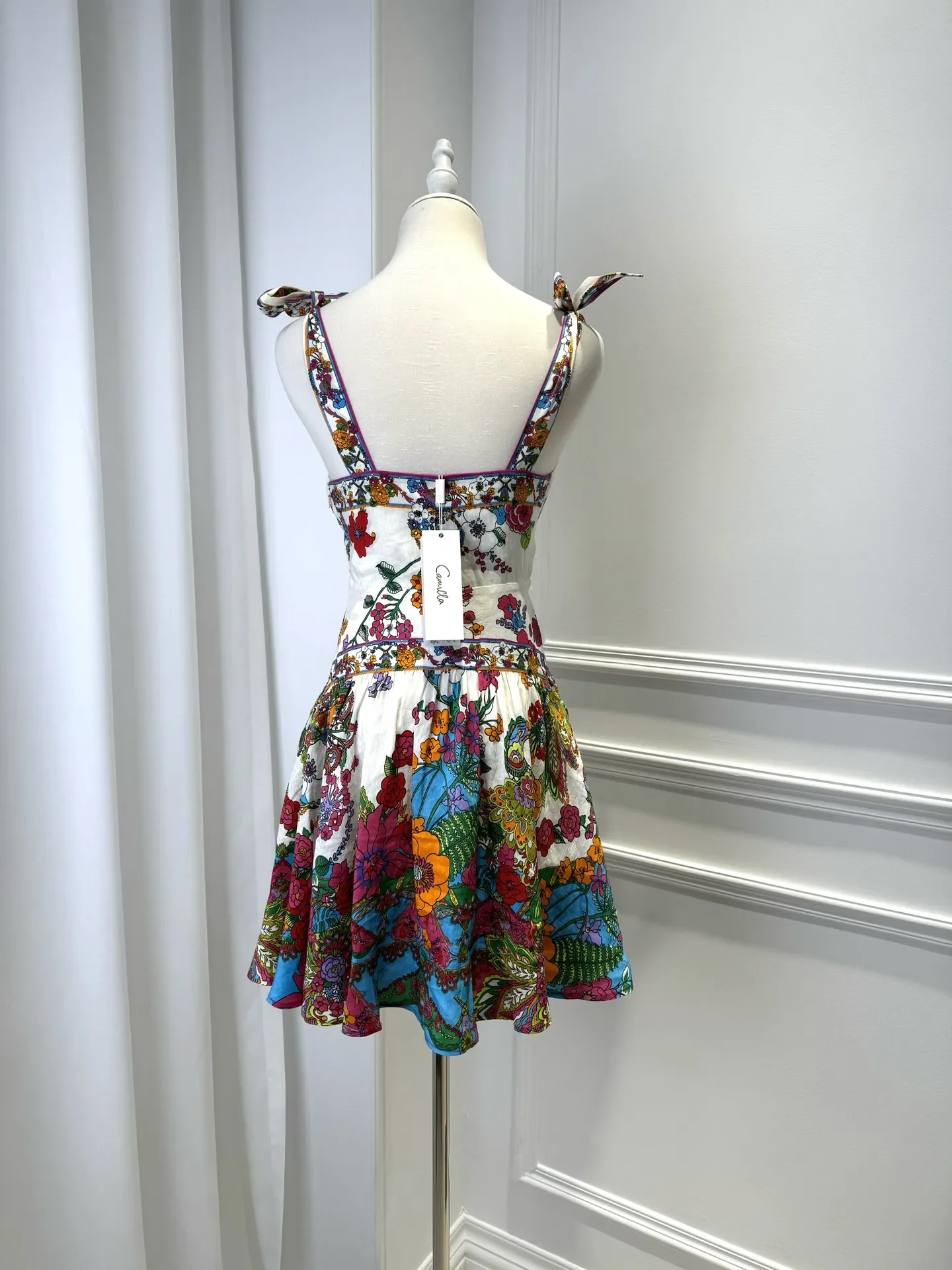Short Robes for Ladies 2024 New Spring Summer  Silk Linen Flower Printed Beaded V-Neck Lace-up Casual Strap Mini Dress