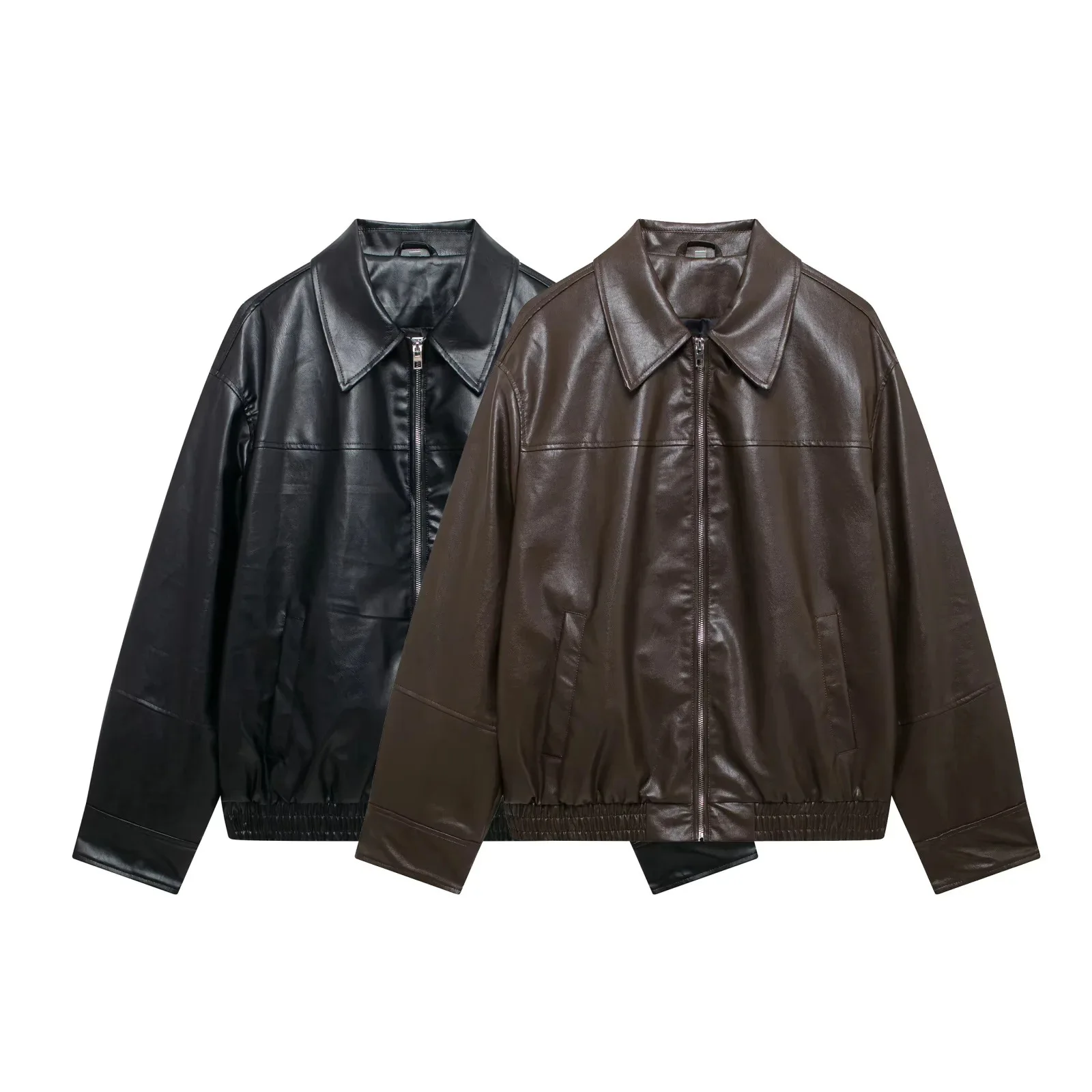 Manteaux en Faux cuir pour femmes, vestes solides, poche zippée, col rabattu, manches longues, légèrement extensible, ample, bureau, dame, automne 2025