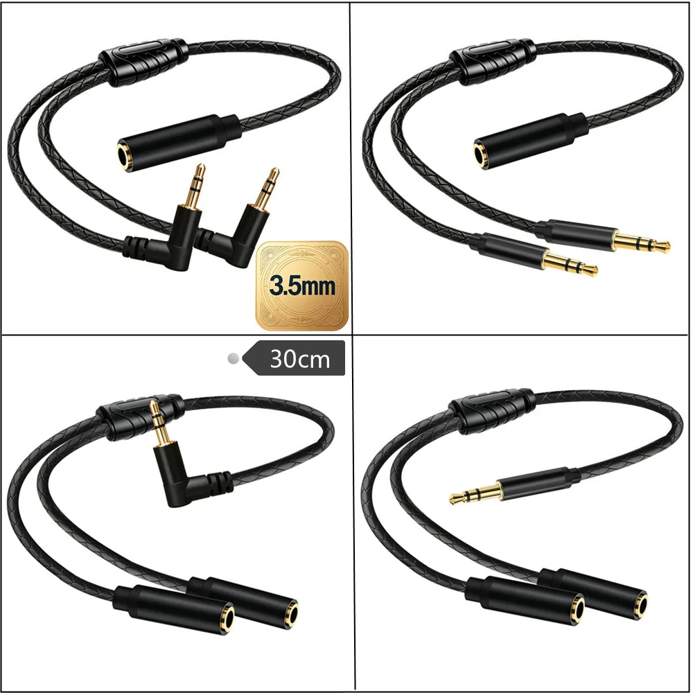 3.5mm 1 to 2 Audio Splitter Adapter Cable 30cm L Type Gold Plated Braided for Headphone Speaker Sound Card Mixer Monitoring