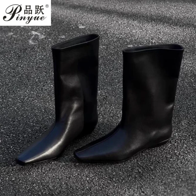 

Женские простые универсальные рыцарские сапоги с квадратным носком на низком каблуке, женские новые модные сапоги до середины бедра с темпераментными рукавами, гладиаторы Botas 34