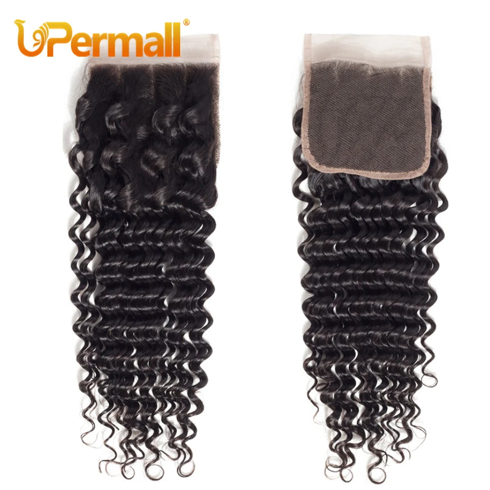 Upermall 3/4 Deep Wave Bundles With Closure Brazilian Remy Human Hair Weave HD Transparent 4x4 Lace Closure and Bundle 10A Soft