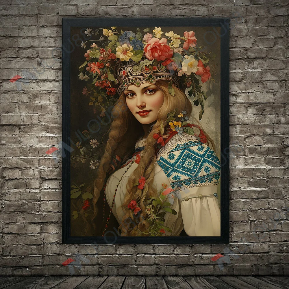 Vintage Portrait Of Slavic Girl  Folk Flowers Art Poster And Print,Mythology  Dark Feminine Artwork Wall Art Canvas Print Decor