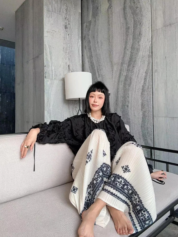

Summer Casual Pants Women Loose Slimming Simple Print Pleated Wide Leg Pants Straight Cut Commute Style Polyester Fiber