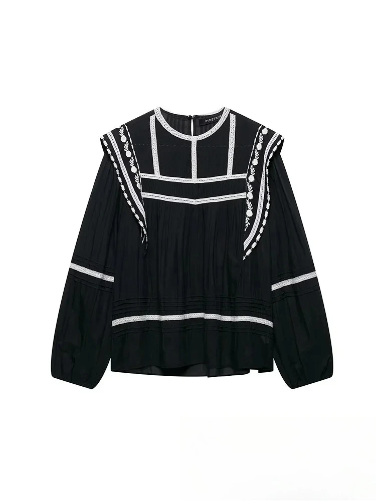 

KONDALA винтажная повседневная шикарная женская черная блузка с круглым вырезом и длинными рукавами, свободные рубашки с вышивкой, новая модная блузка весна-лето 2025