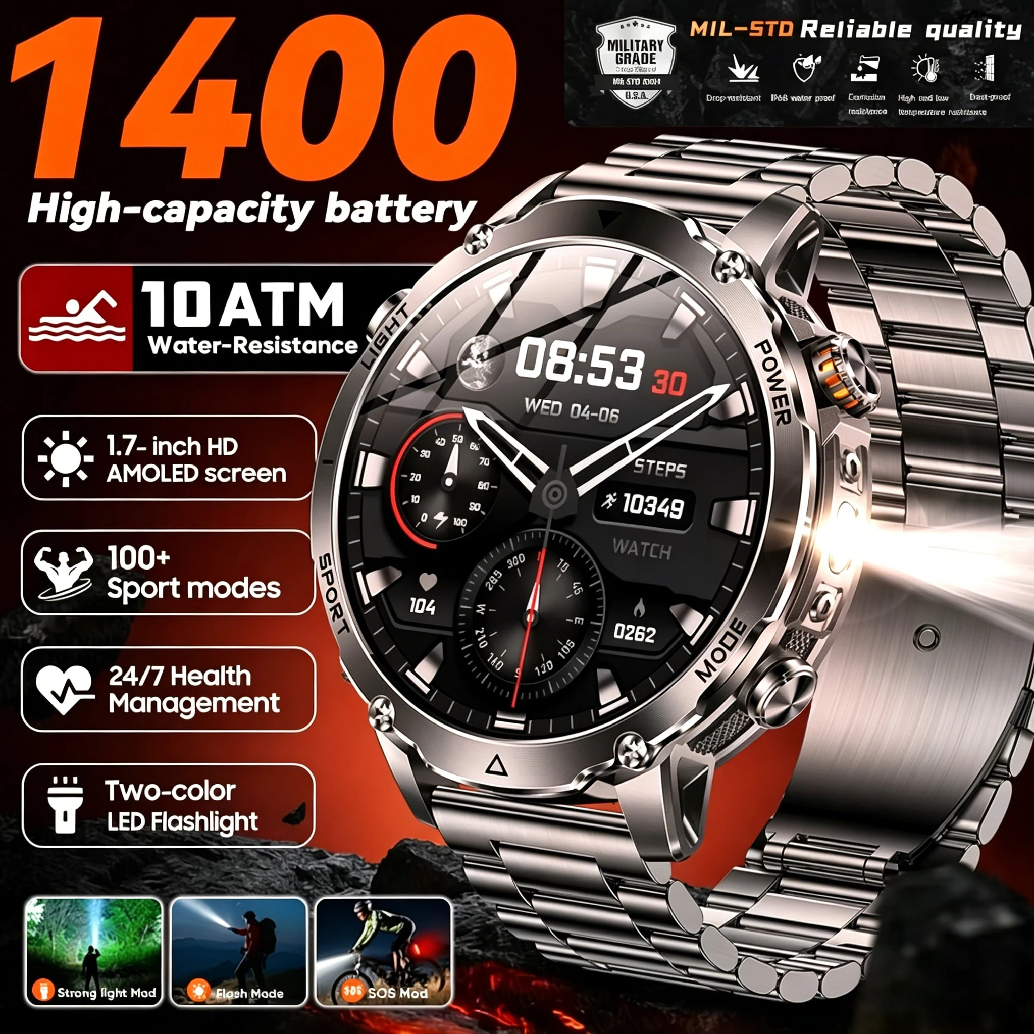 

Новые прочные мужские спортивные умные часы для активного отдыха, аккумулятор 1400 мАч, светодиодный фонарик, водонепроницаемость IP68, Bluetooth-вызовы, военные смарт-часы