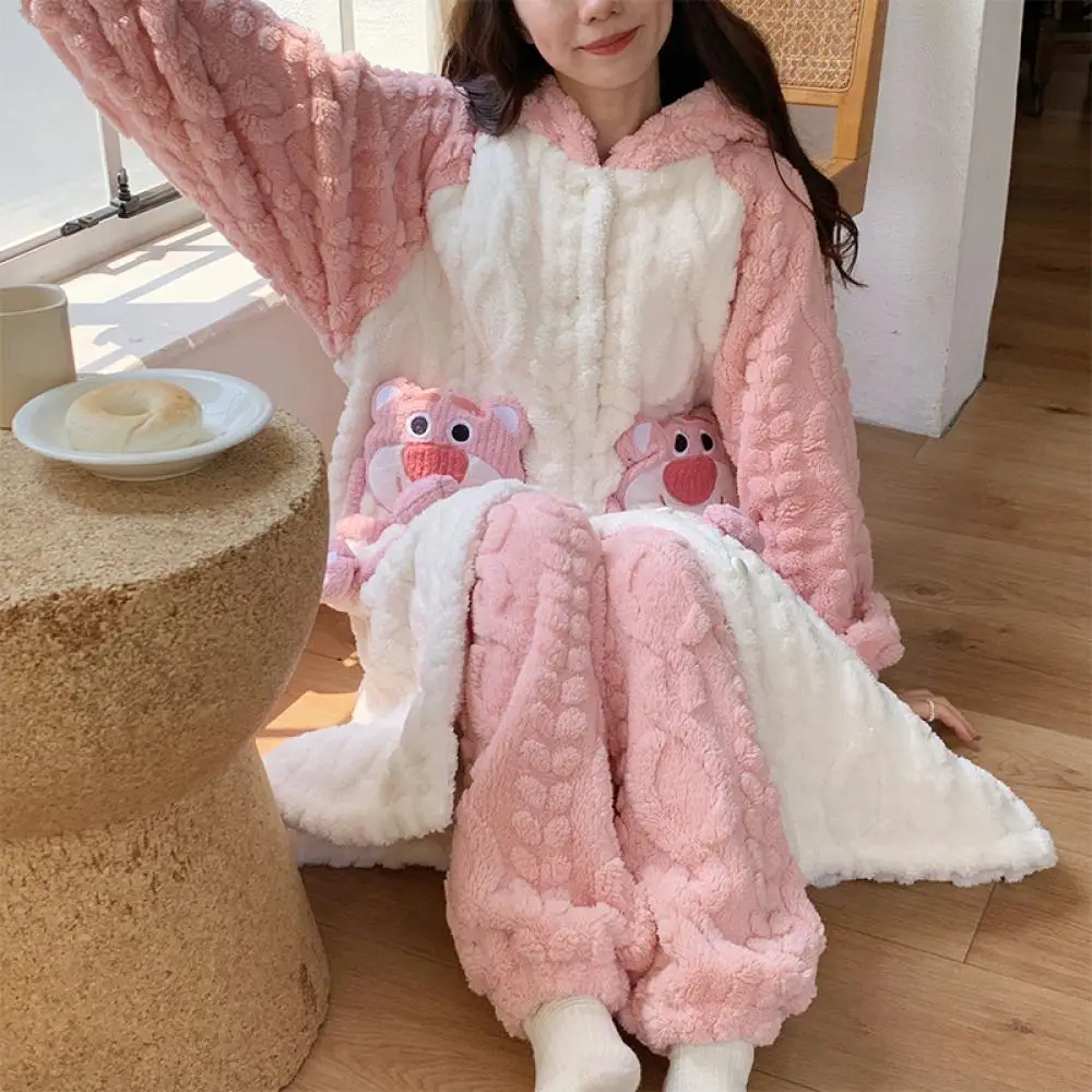 Miniso Lotso Fashion Facecloth Girls Thickened Hooded Pajamas Fall and Winter Medium-Length Cardigan Robe Warm Christmas Gift