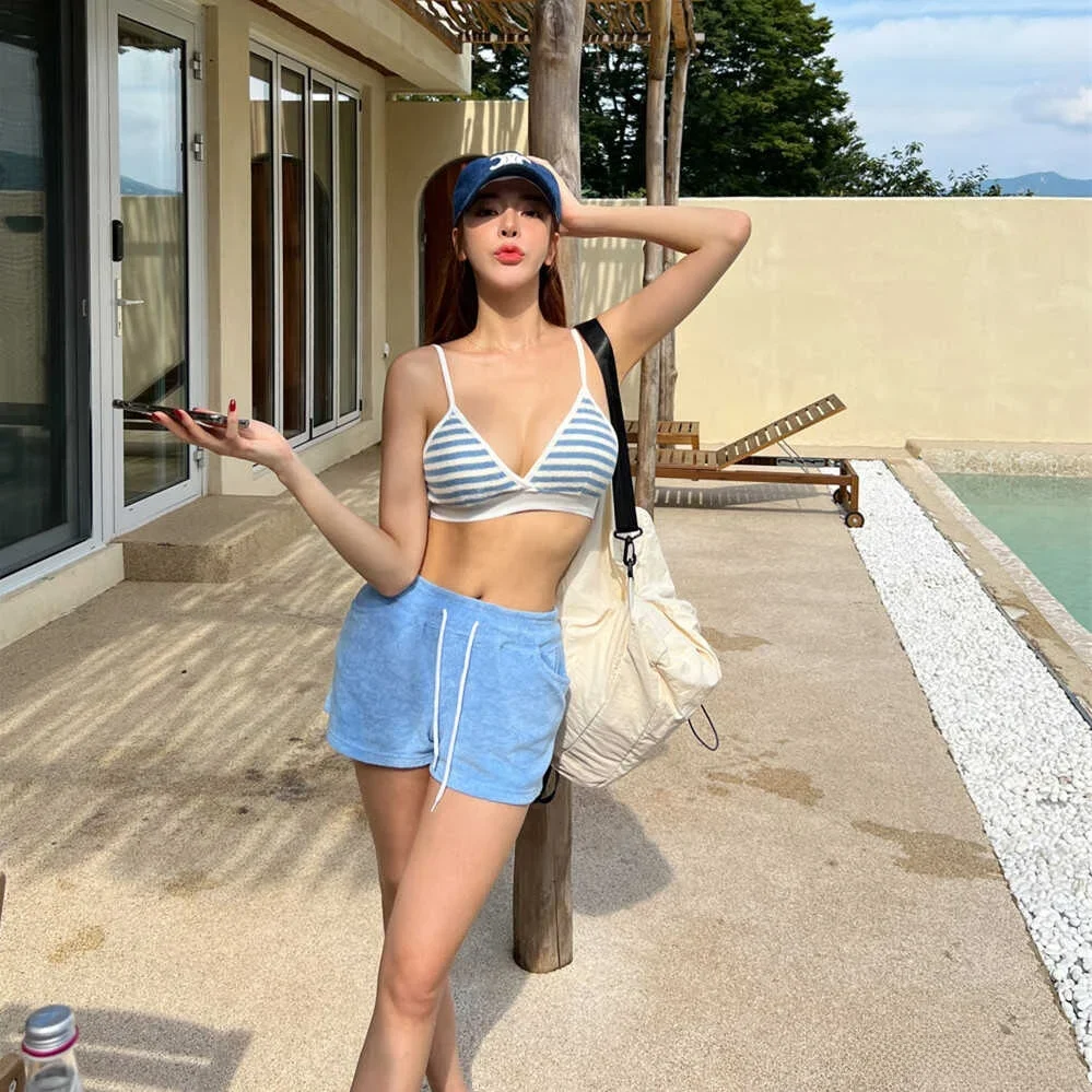 Sexy Striped Bikini ort Pants Women's Swimming Costume Towel Material Flat Angle Separate Thermal Holiday Beachwear