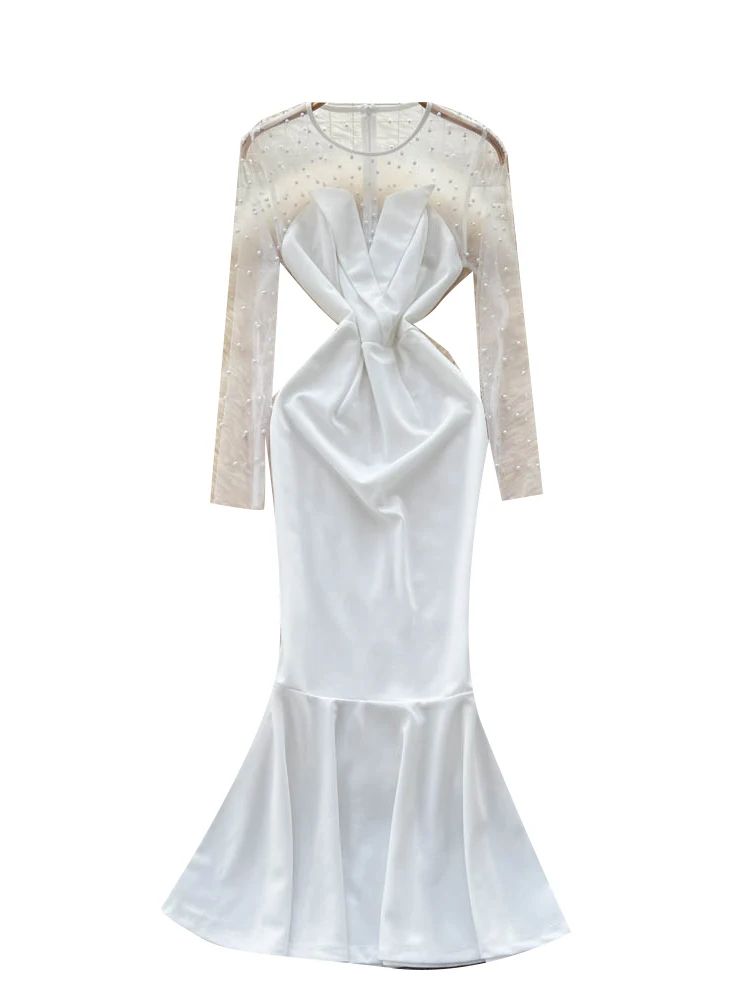 Ele witte avondjurk dames Faion Embellied Long Sve Me zeemeermin Dr hoge taille taps toelopende bodycon zomerpar...