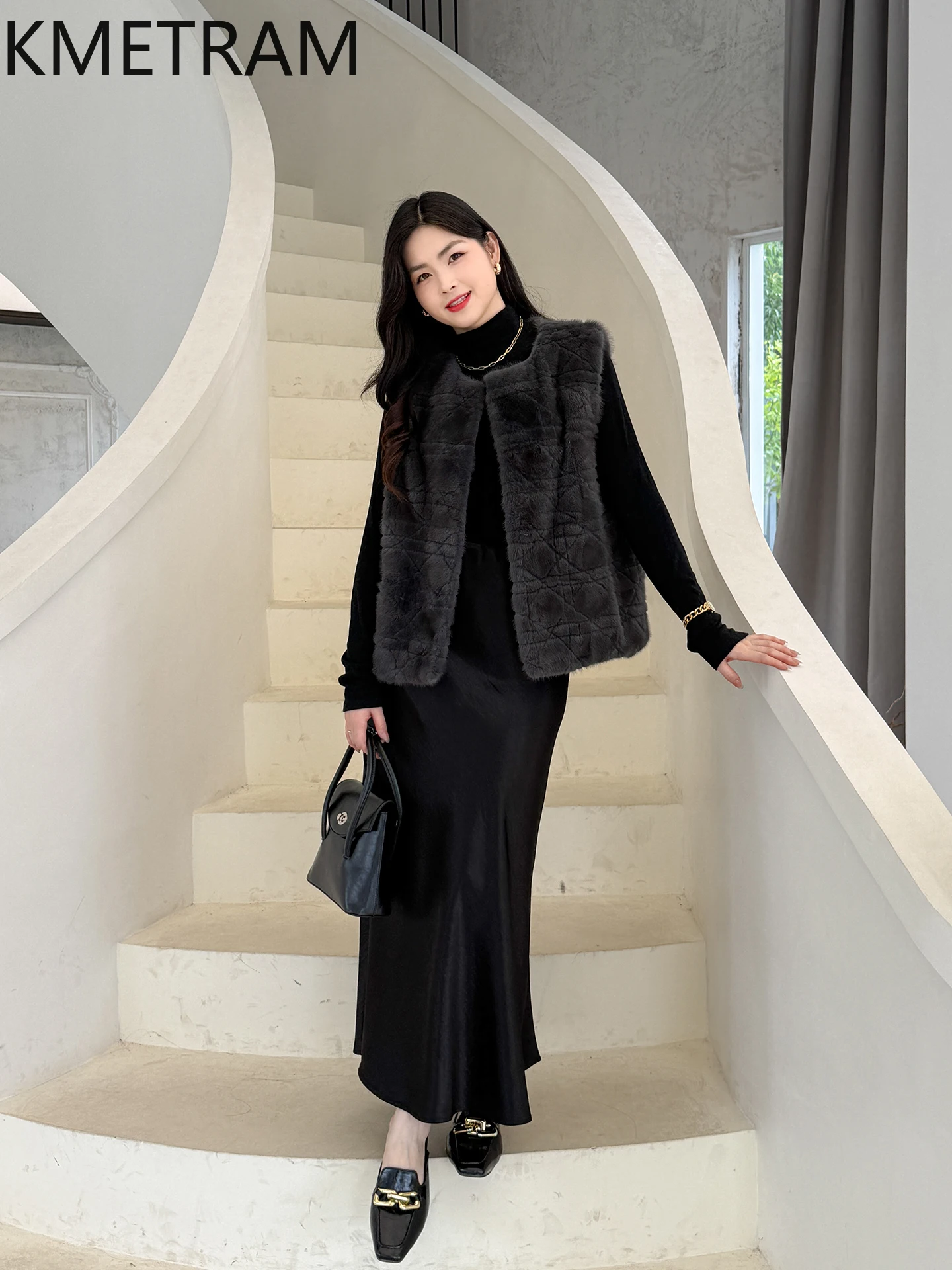 KMETRAM معاطف فرو منك كاملة مخملية طبيعية باللون الأرجواني للنساء سترة قصيرة من الفرو الحقيقي للخريف بدون أكمام ملابس خارجية 2025 schuba