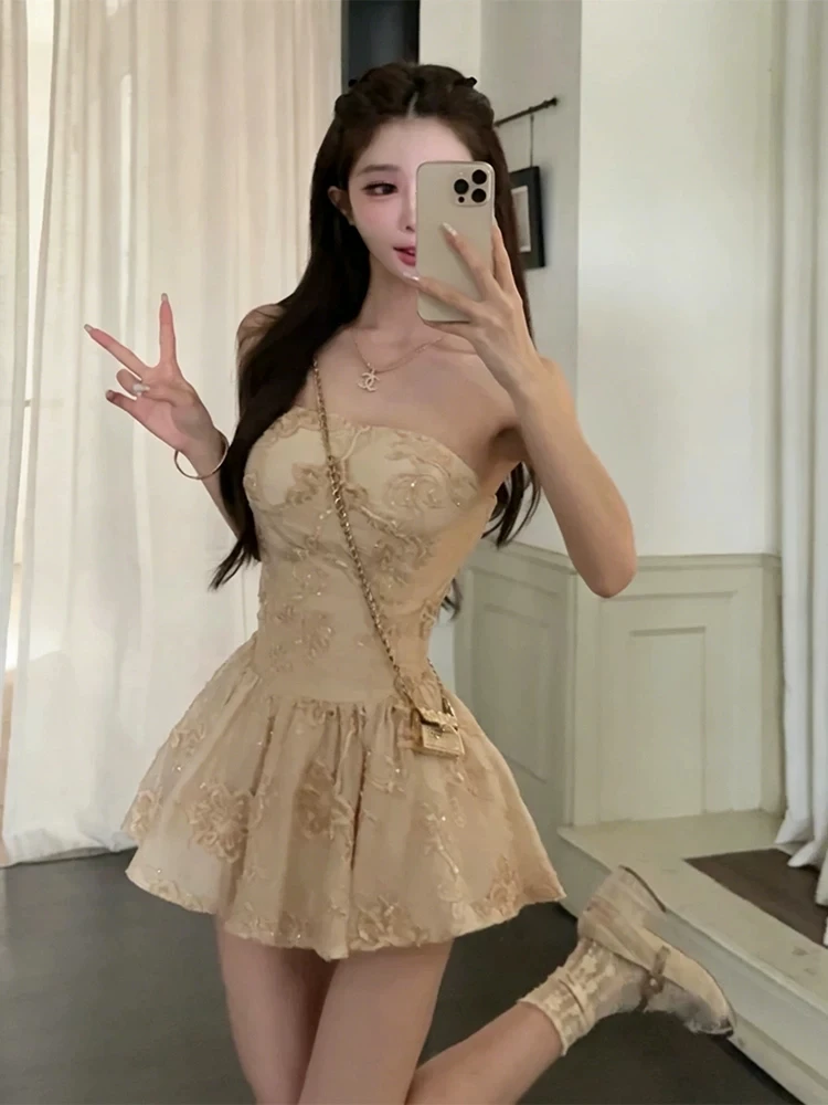 

XZY Korean Style Pure Desire Embroidered Bustier Dress Women's plus Size Summer Short Skirt High Waist Embroidery Dress