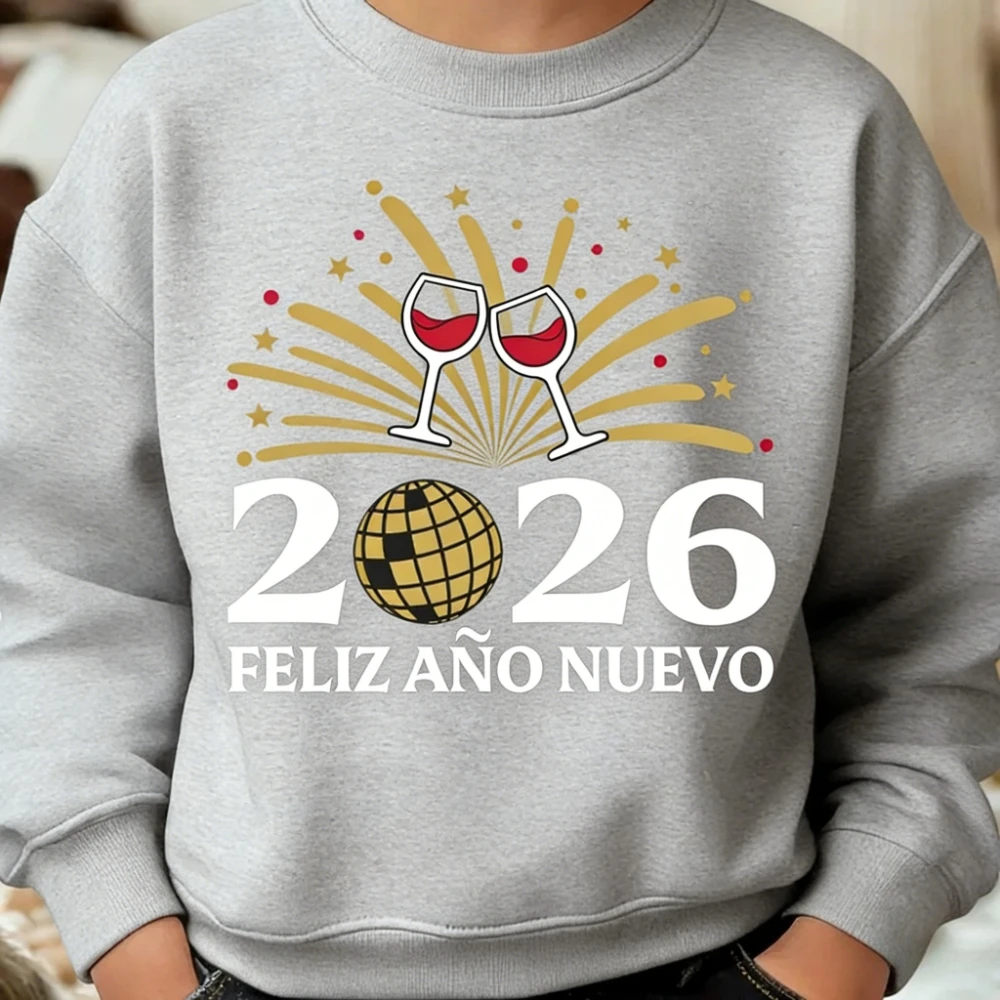 بلوفر Feliz Año Nuevo 2026 ملابس السنة الجديدة الإسبانية ملابس سنة جديدة سعيدة للرجال والنساء ملابس غير رسمية للعطلات برقبة دائرية #2