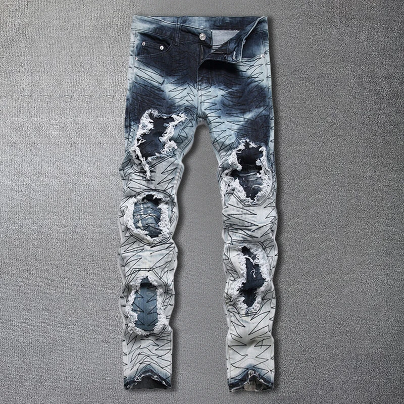 

2024 Spring Men Hole Patch Jeans Embroidery Slim Fit Denim Pants Motorcycle Trousers Men Small Feet Punk Rock Vintage Jeans