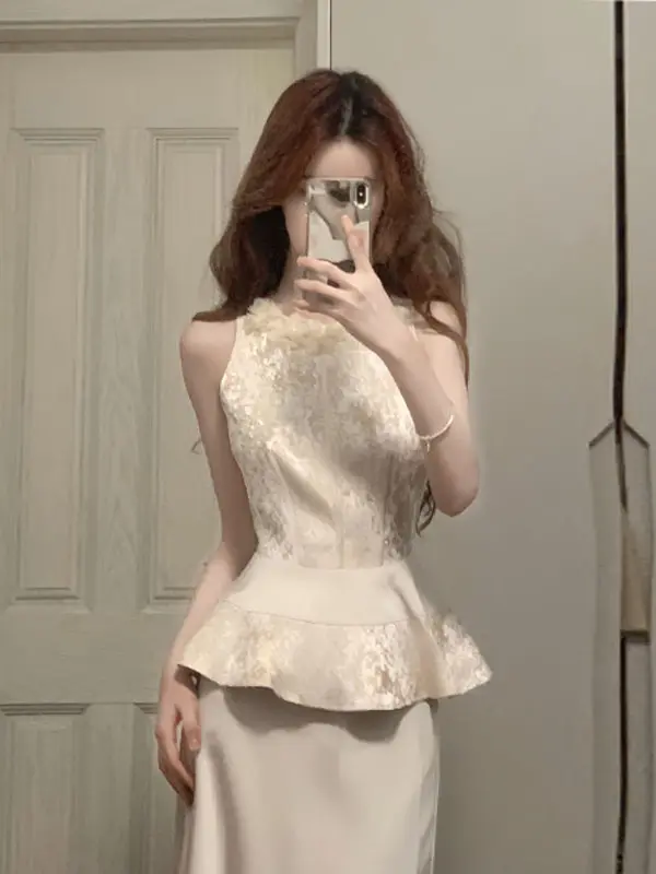 

Elegant Goddess Style High-End Fashion Set Short Sleeve round Neck Comfortable Cotton Two-Piece Suit Bodycon Dress