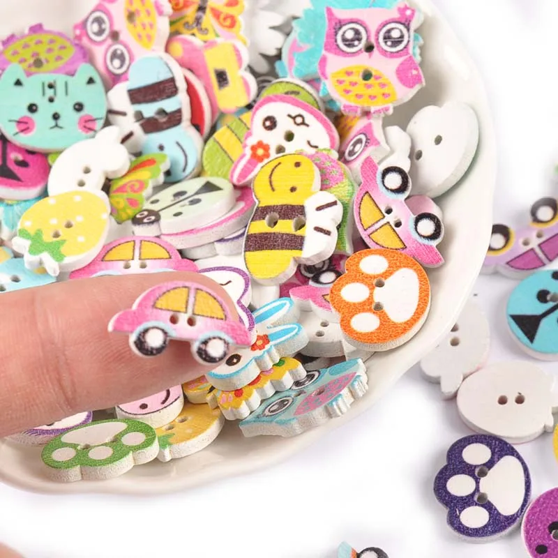 50pcs 1-2cm Mixed Mini Wood Animal Buttons Handmake Scrapbooking Crafts Sewing Clothing Accessories Cartoon Dog Cat Painted