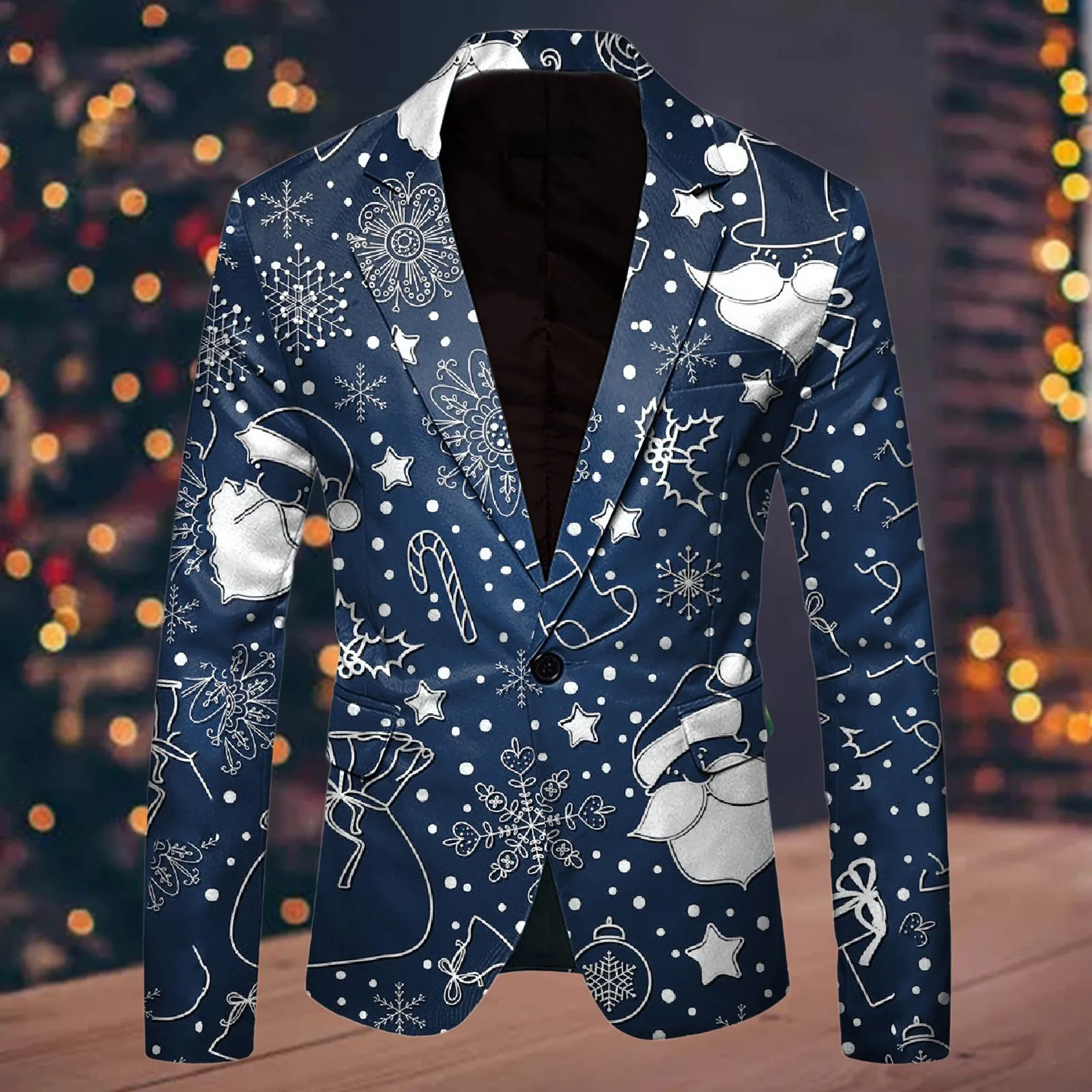 Snowflake Pattern Christmas Suit Jacket Men Blazer Fashion Leisure Christmas Printed Pocket Single Button Jacket Men\'s Clothing