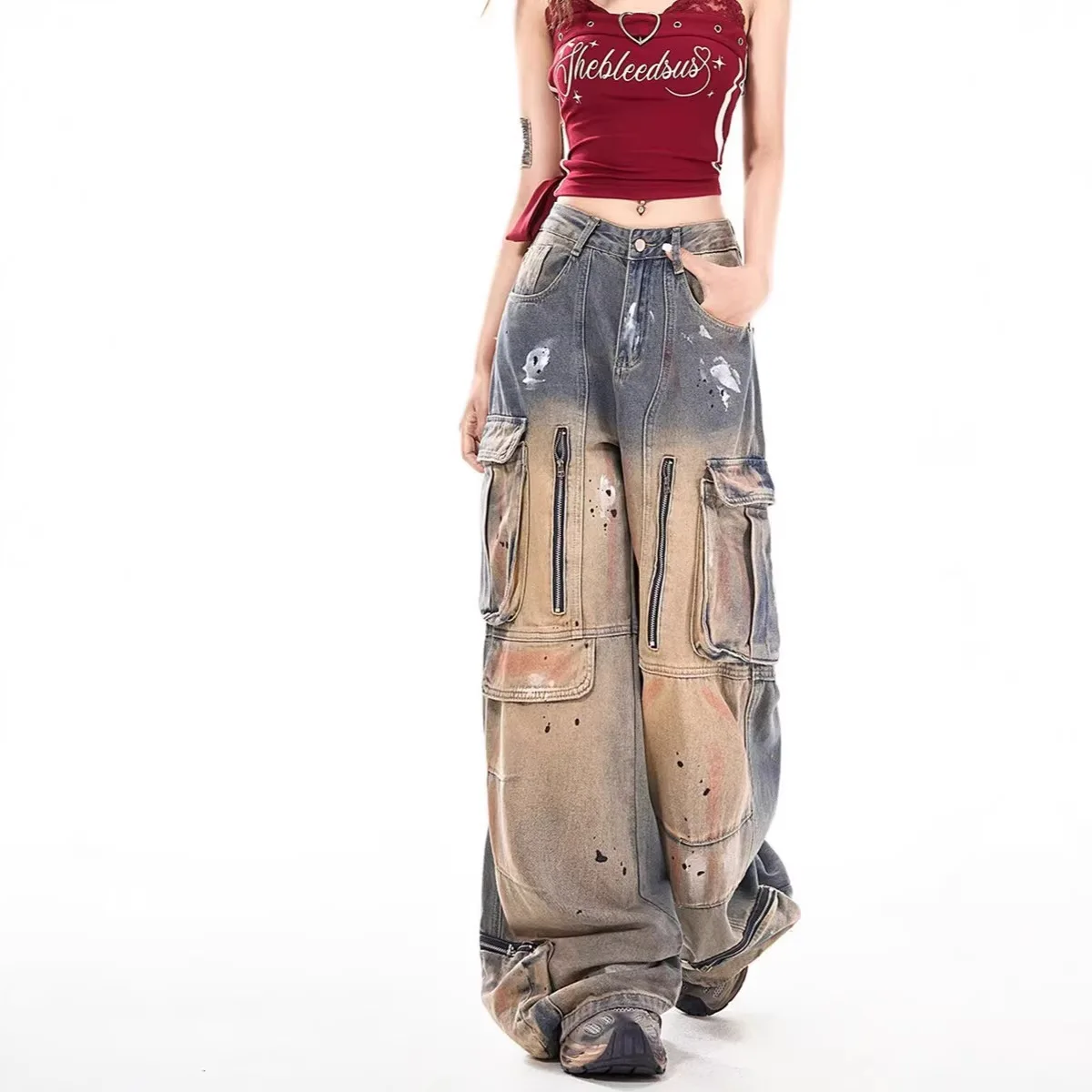 

2026 Unisex Multi Pocket Cargo Jeans, Hip Hop High Street Paint Splatter Baggy Wide Leg Denim Pants For Streetwear