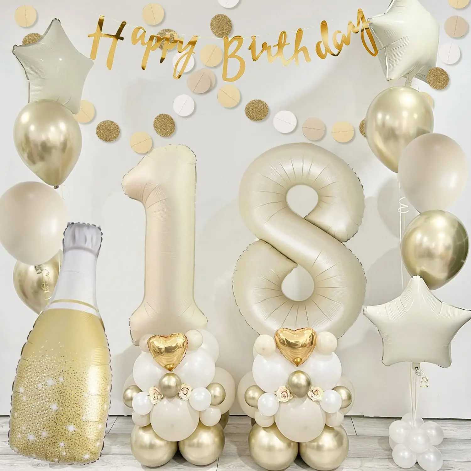 

18Th Birthday Wreath Arch Cream White And Gold Balloon Set Wedding Birthday Single Woman Engagement Anniversary Party Background