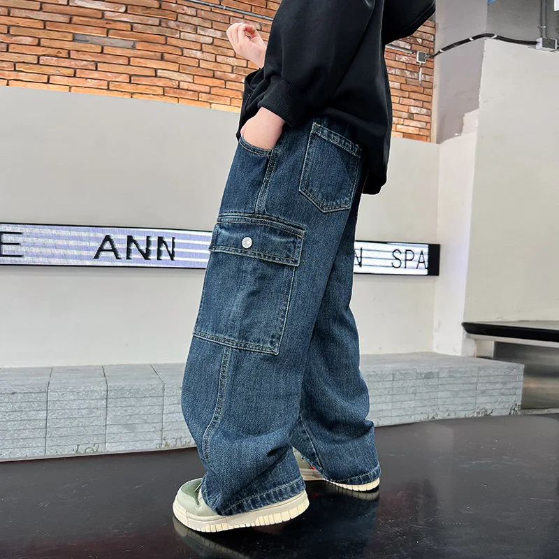 2026 Spring Autumn New Kids Loose Jeans Multi-pocket Work-wearing Jeans Street Hip-hop Straight Wide-leg Pants Baggy Dance Pants