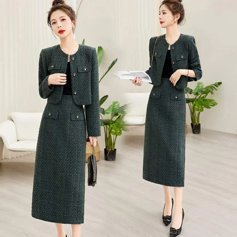 

Collarless Short Coats Skirts Suit Women Spring Fall Slimming Goddess Professional Two-piece Set Solid Slit Round Neck Jackets