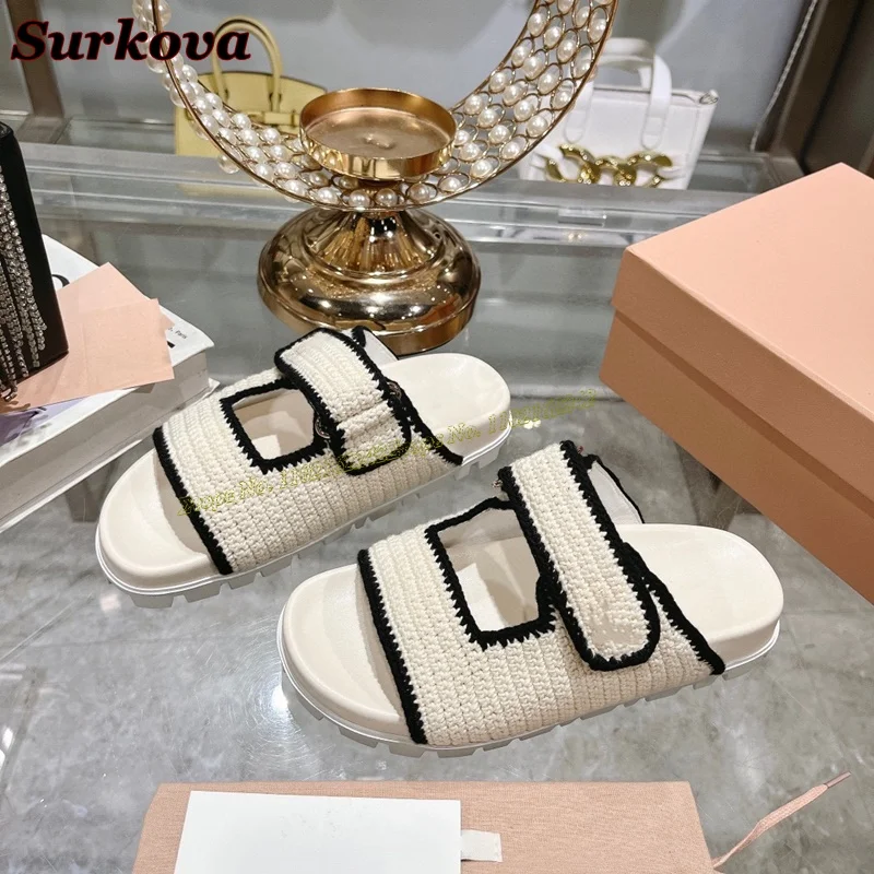 Summer Genuine Leather Slippers Round Toe Color Matching Thick Bottom Sandals Fashion Casual Beach Shoes Women\'S Gladiator 40