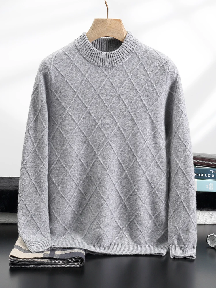 High Quality Men's Diamond Pattern Pullovers 100% Cashmere O-neck Sweater Autumn Winter Basic Casual Jumper Cashmere Knitwear