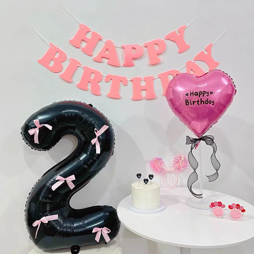 1pc INS Black Large Number ShapeFoil Balloons With Pink Bow Figure Aluminum Film Balloon Decals Photo Props Birthday Party Decor