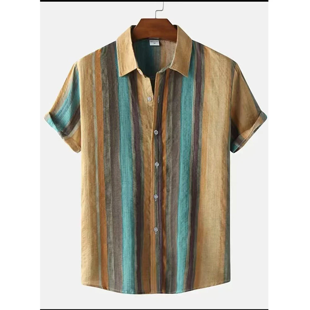 Summer Men Shirt 3d Stripe Print Shirts Oversized Vintage Tshirts Hawaiian Short Sleeve Tees Loose Beach Male Top Men Streetwear