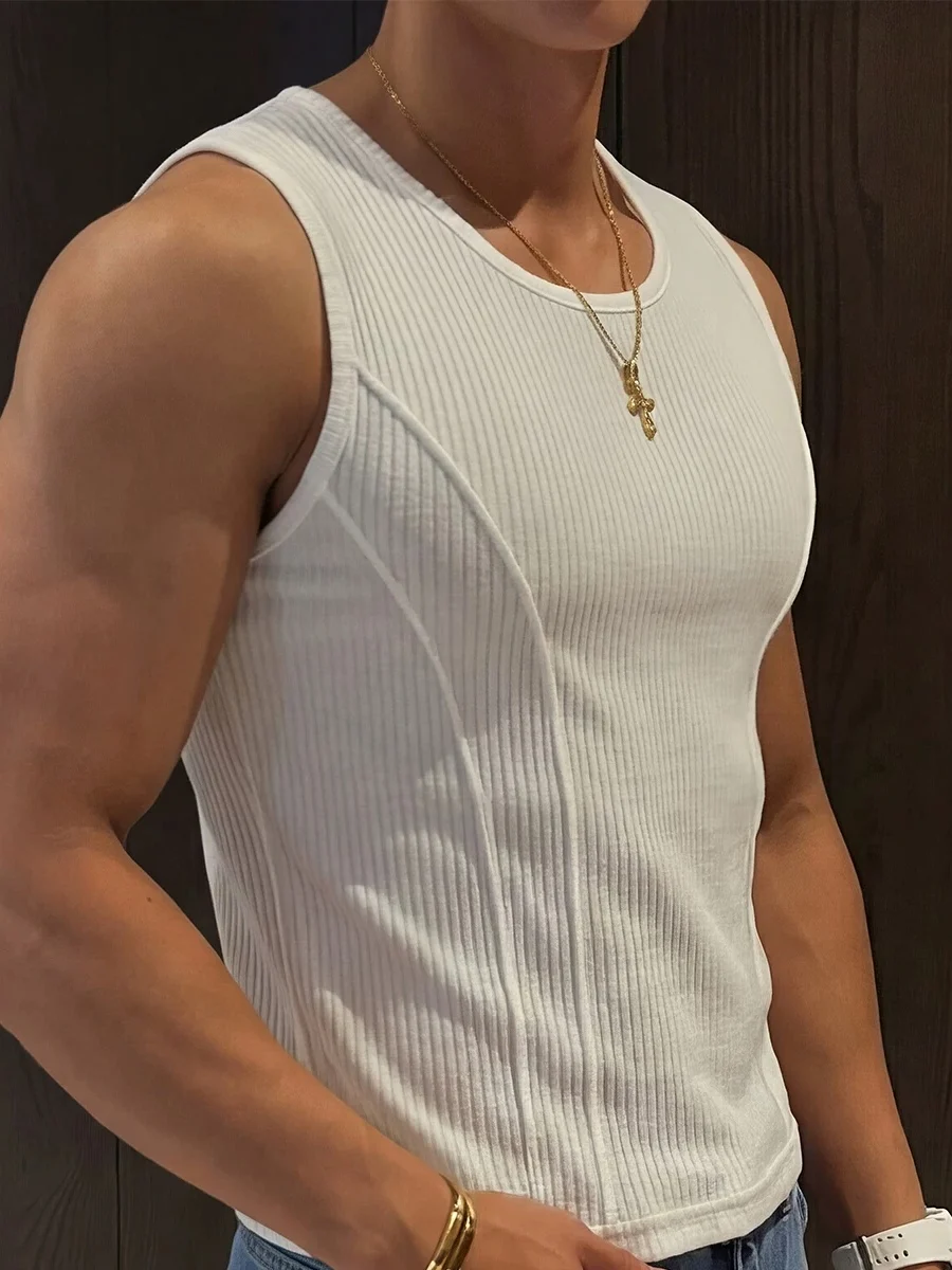 Ice Silk Cool Feeling Quick Dry Muscle Shaping Vest No Sleeve T-Shirt Youthful Trendy Design Splice Transparent Thread Men's Top