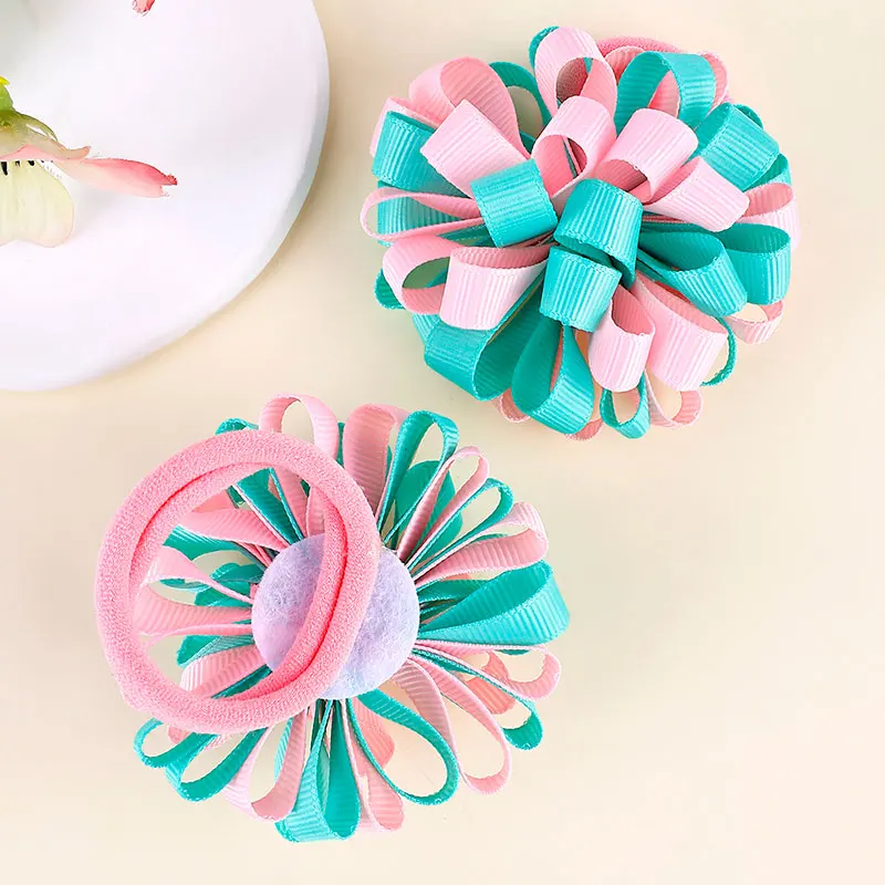 2Pcs Ribbon Flower Hair Elastic Hairband Girls Rubber Hair Ties Children Ponytail Holder Rope Lovely Baby Hair Accessories