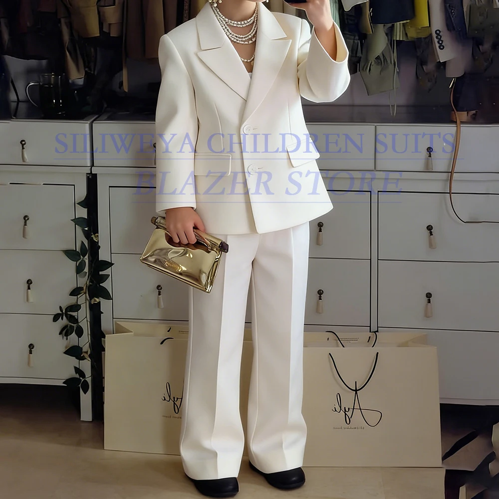 

Customzied Girls Suits Fashion Solid Color White Single Breasted Peak Lapel 2 Piece Jacket Pants Children Clothing Outfits