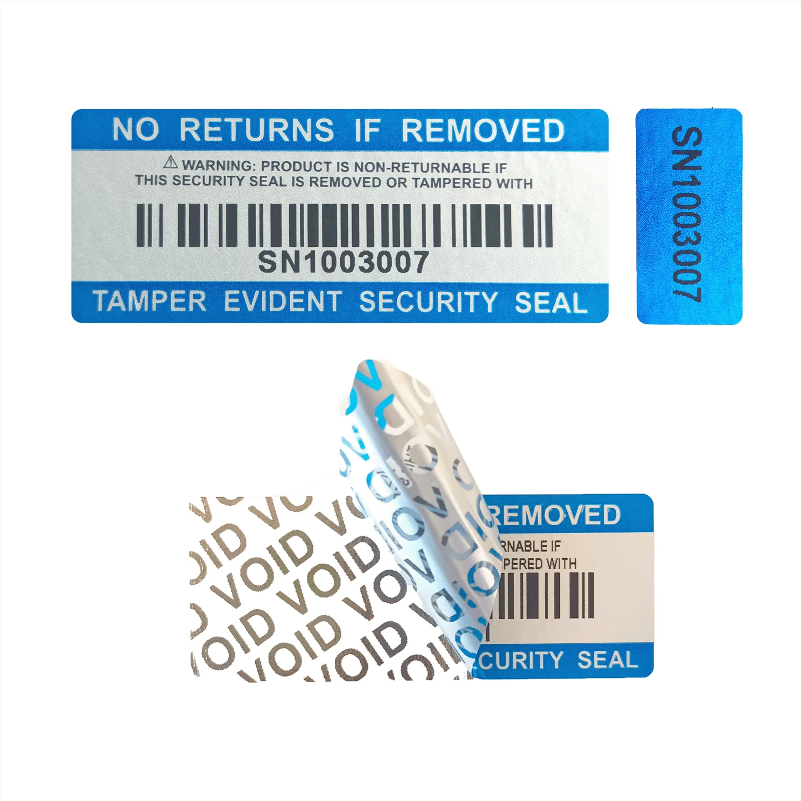Matte Silver PET Void Tamper Evident Stickers Dual Serial Number Barcode Waterproof Warranty Void Security Labels - view 3