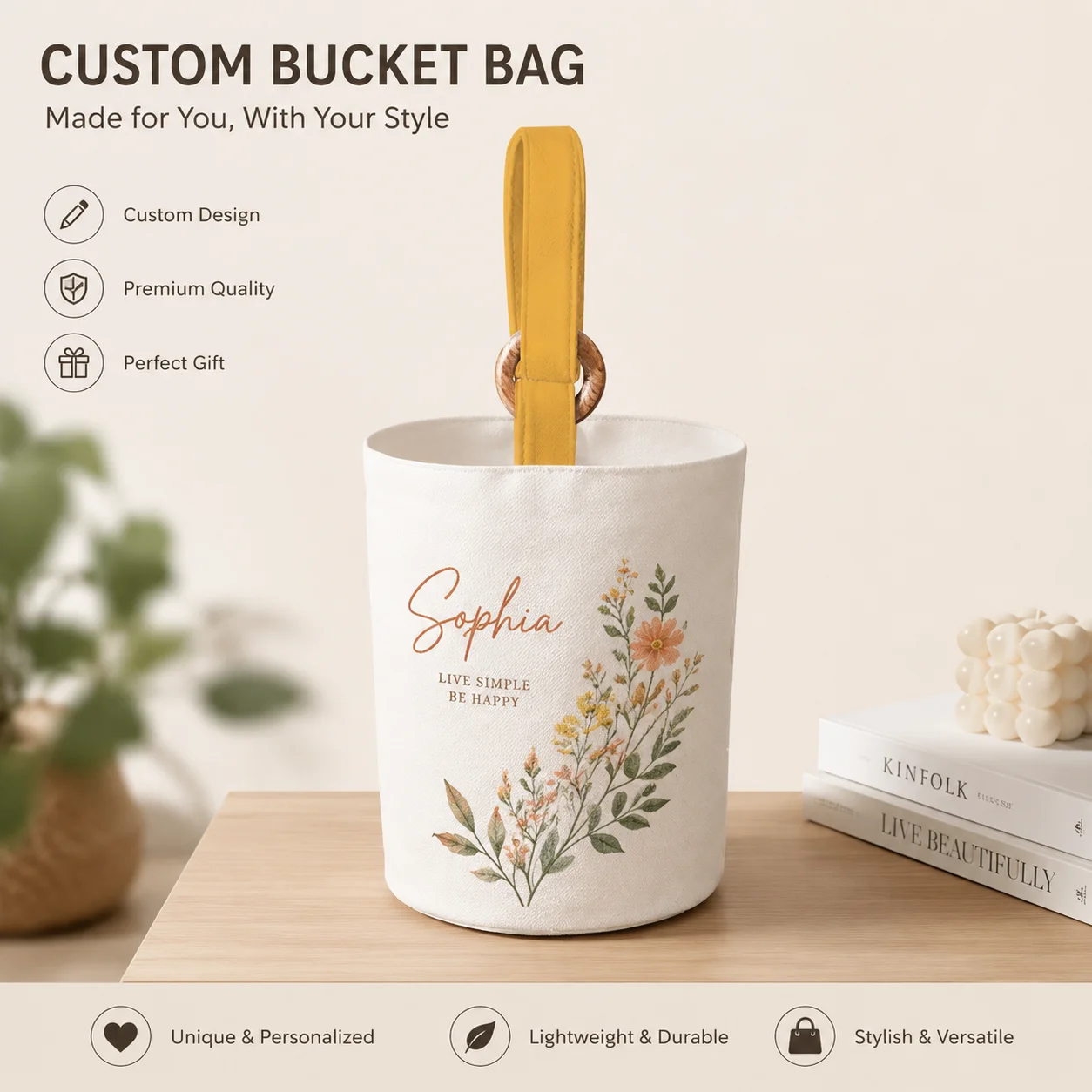 Tiny Pellet Velvet Customized Bucket Bag 4.5L Wooden Ring Strap Solid Ladies Daily Shoulder Crossbody Storage Purse