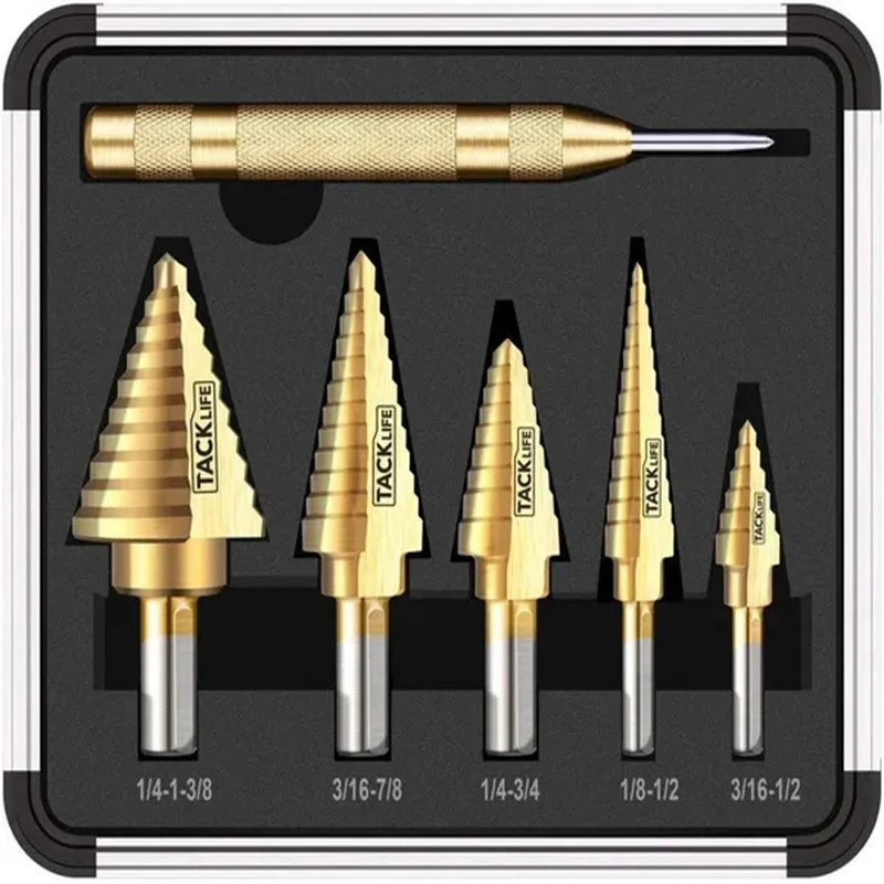 Titanium Step Drill Bit Set With & Automatic Center Punch Total 50 Sizes HSS Drill Bit Set Center Punch for Accurate Locator