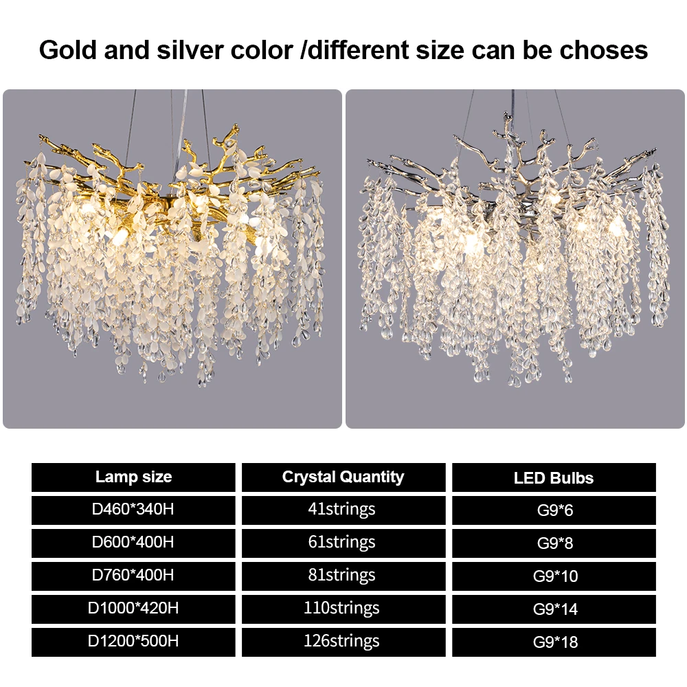 Designer Grape Crystal Chandelier Silver Gold Hanging Light Luxury Villa Living Dining Room Lamp Tree Branch Chandeliers LED