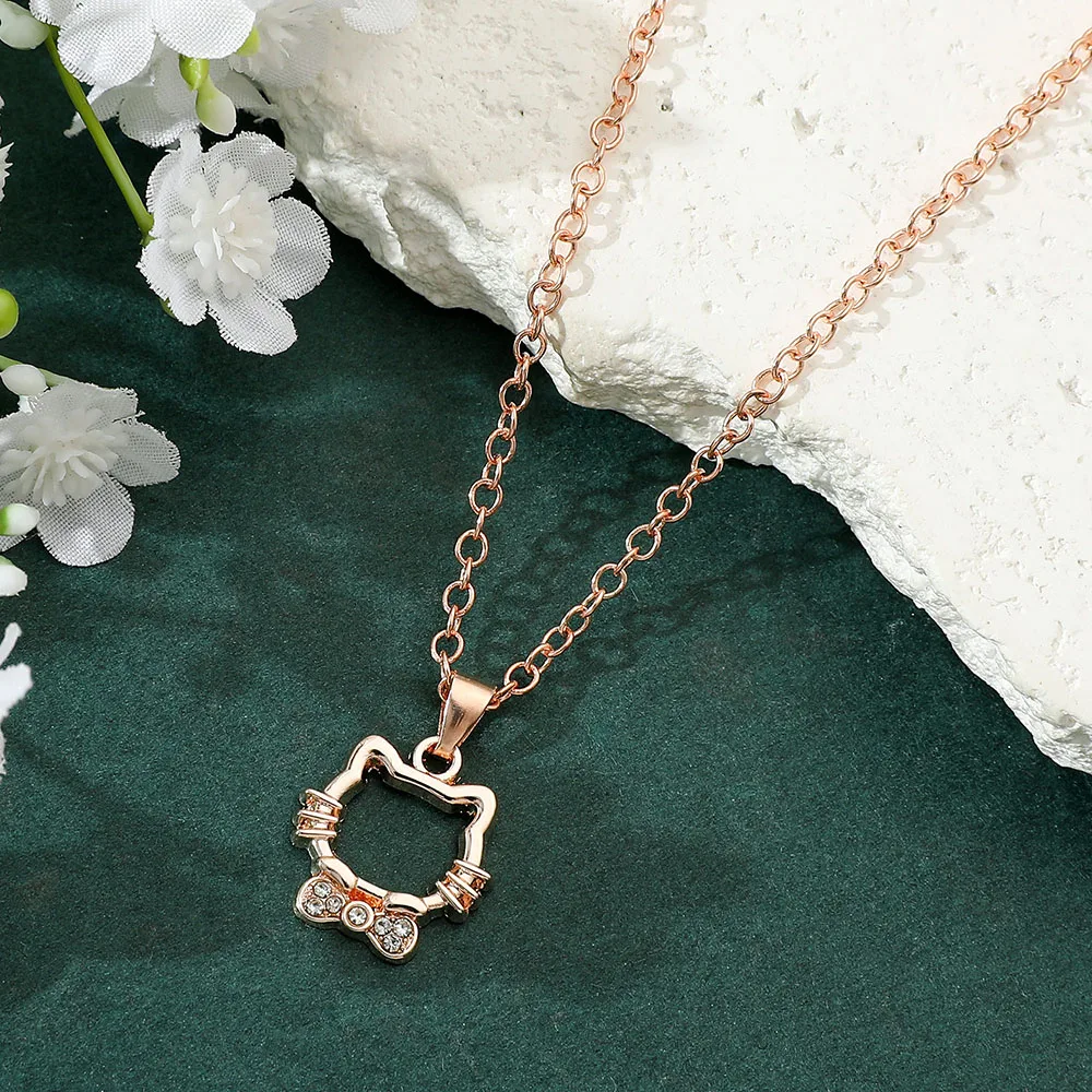 Sanrio Hello Kitty Necklace Diamond KT Cat Simplicity Hollow Out Pendant Anime Clavicle Chain Ladies Jewelry Girls Gifts