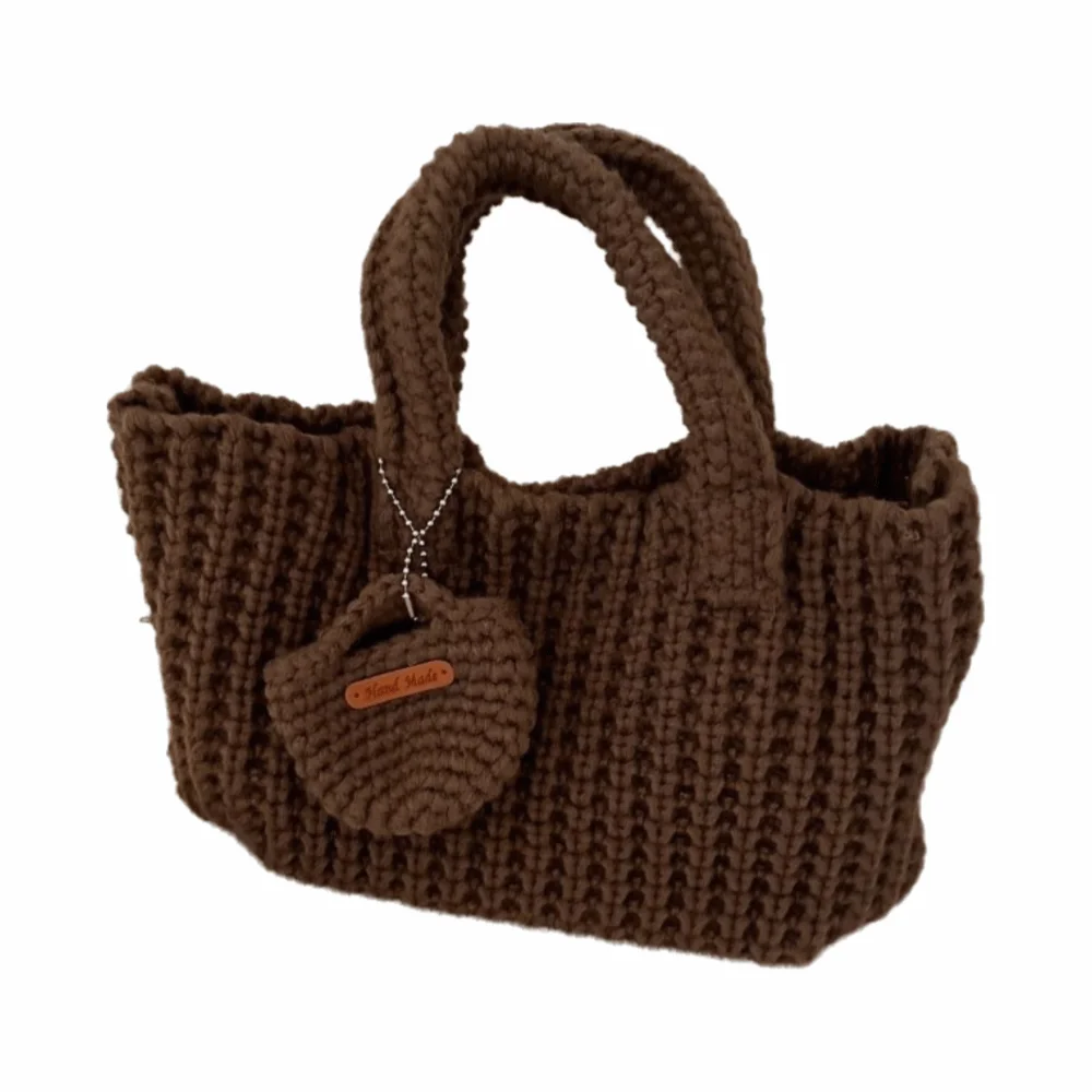 

Classic Knitted Handbag Solid Color Crochet Cotton Thread Woven Bag With Small Purse Large Sized Vintage Style Bag Autumn Winter