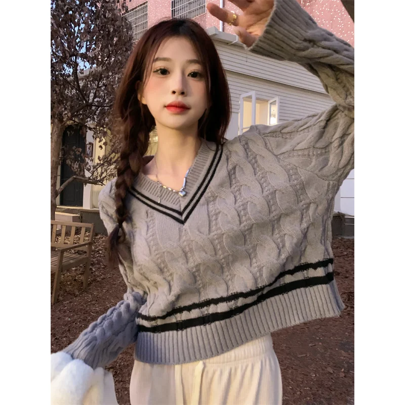 

Women Clothing Vintage Knitting Sweater Grey Stripe Contrasting Colors Pullover Long Sleeve Fashion Baggy Female Winter Tops